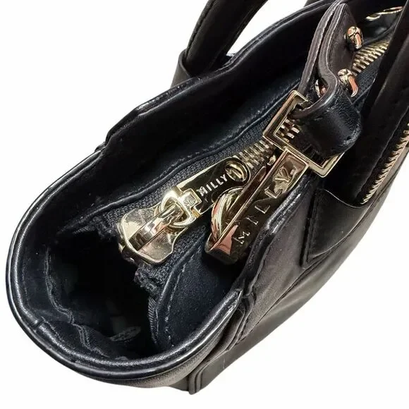 MILLY Black Leather Crossbody Bag With Gold Zipper